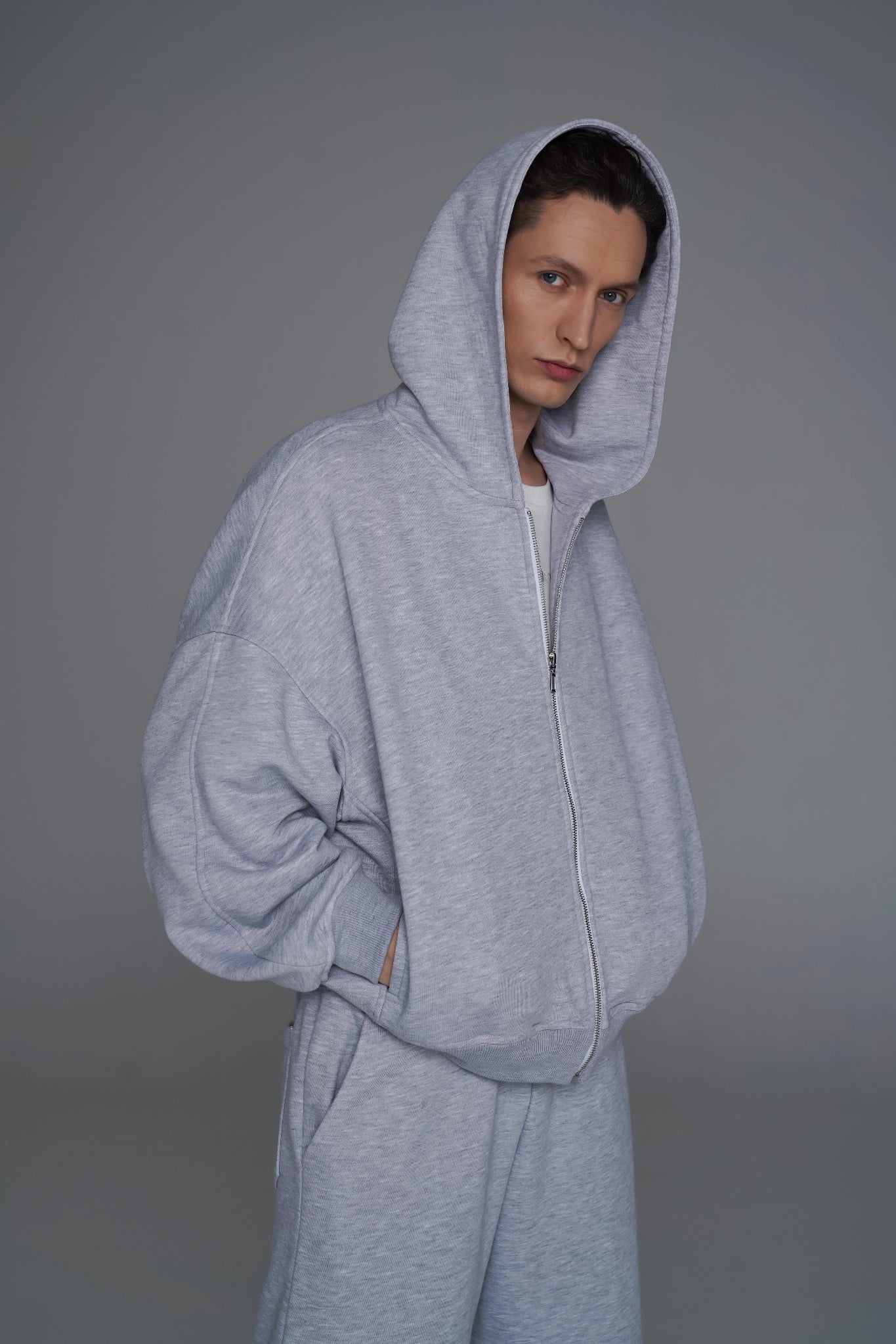 MEN'S MINI CROP FULL-ZIP OVERSIZED HOODIE ASH GREY CUSTOM front