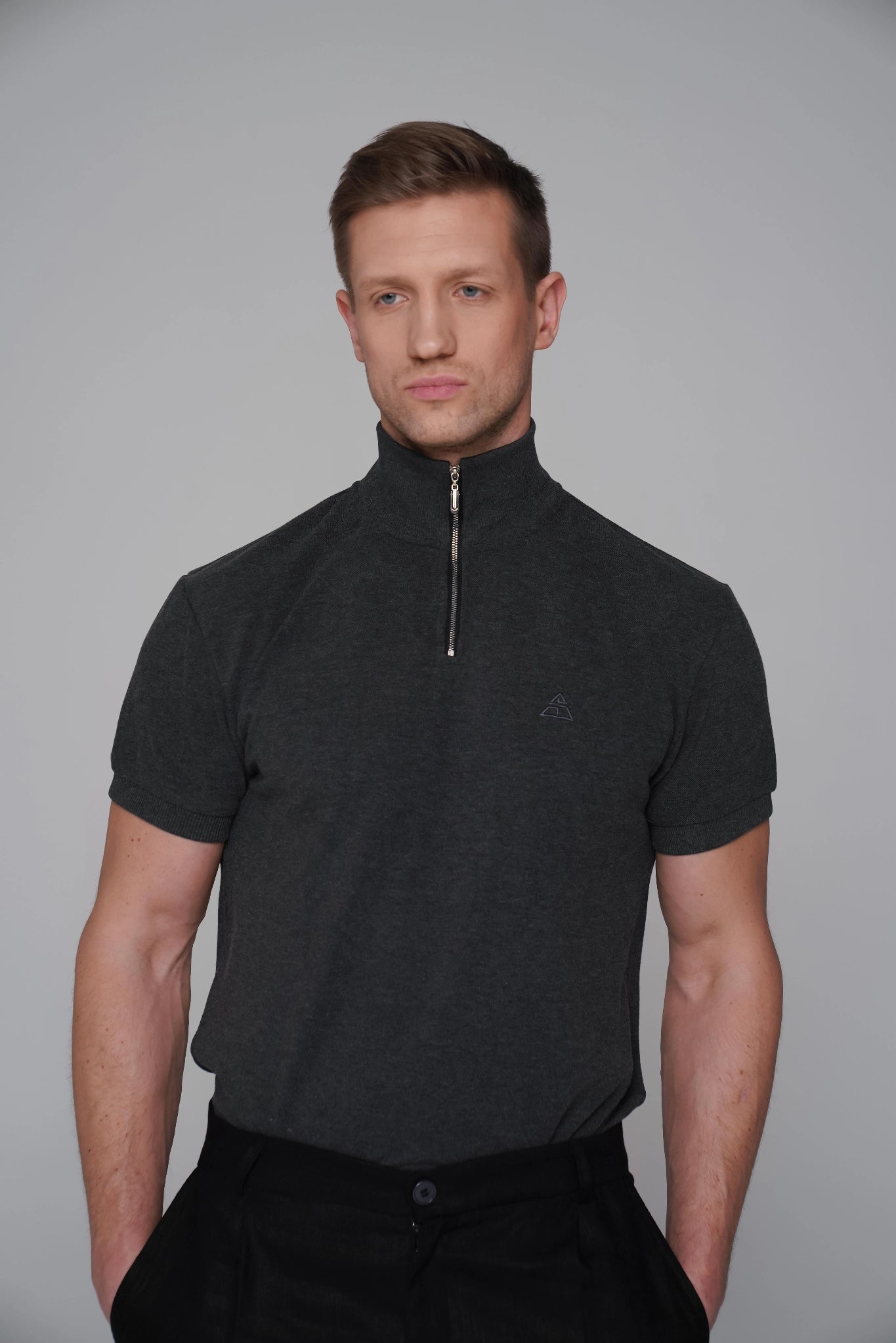 SAINT ISSA MEN'S COTTON ZIP POLO GREY DARK MELANGE
