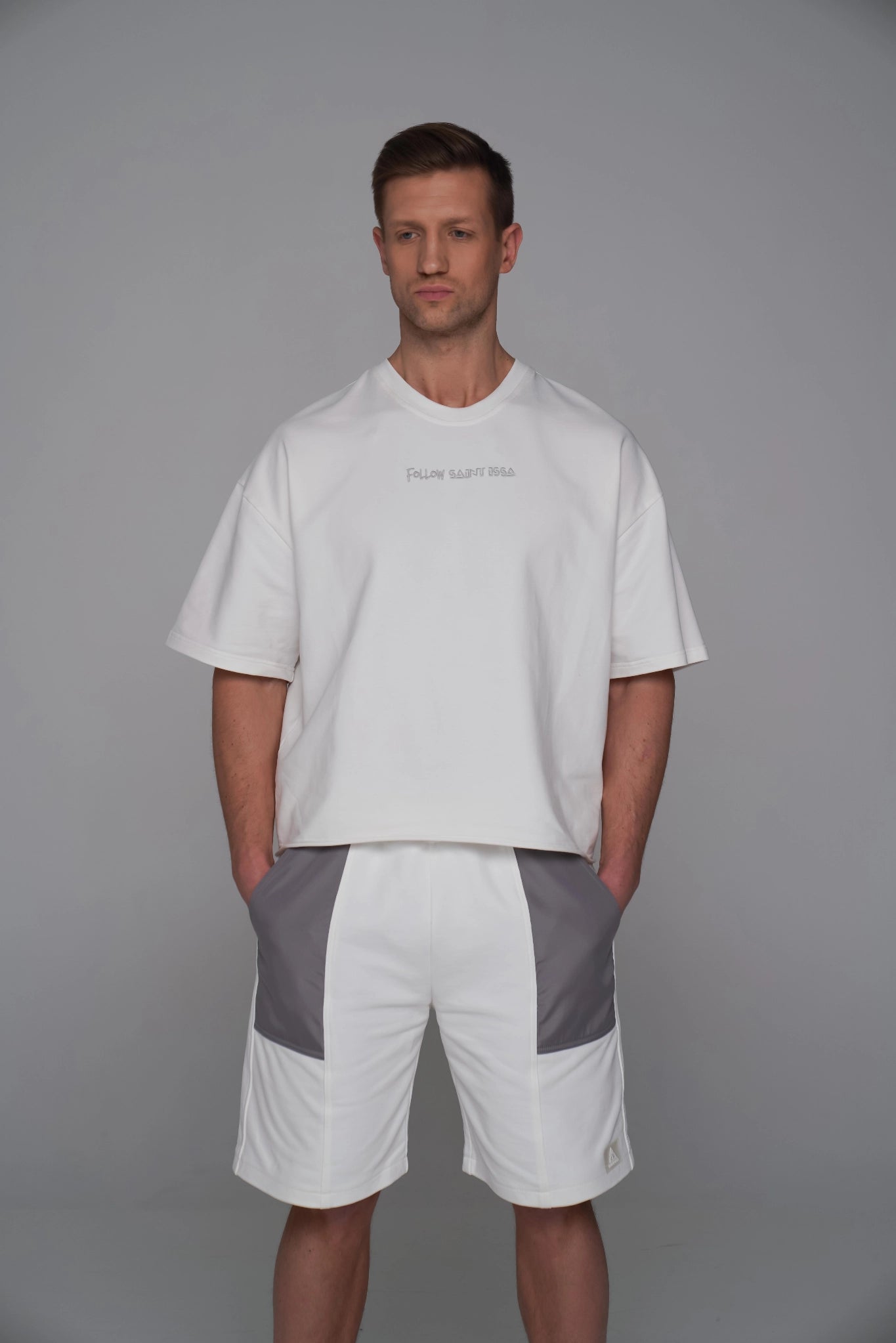 SAINT ISSA MEN’S CHAMPAGNE OVERSIZED SHORTS — CONTRAST PATCH PANELS
